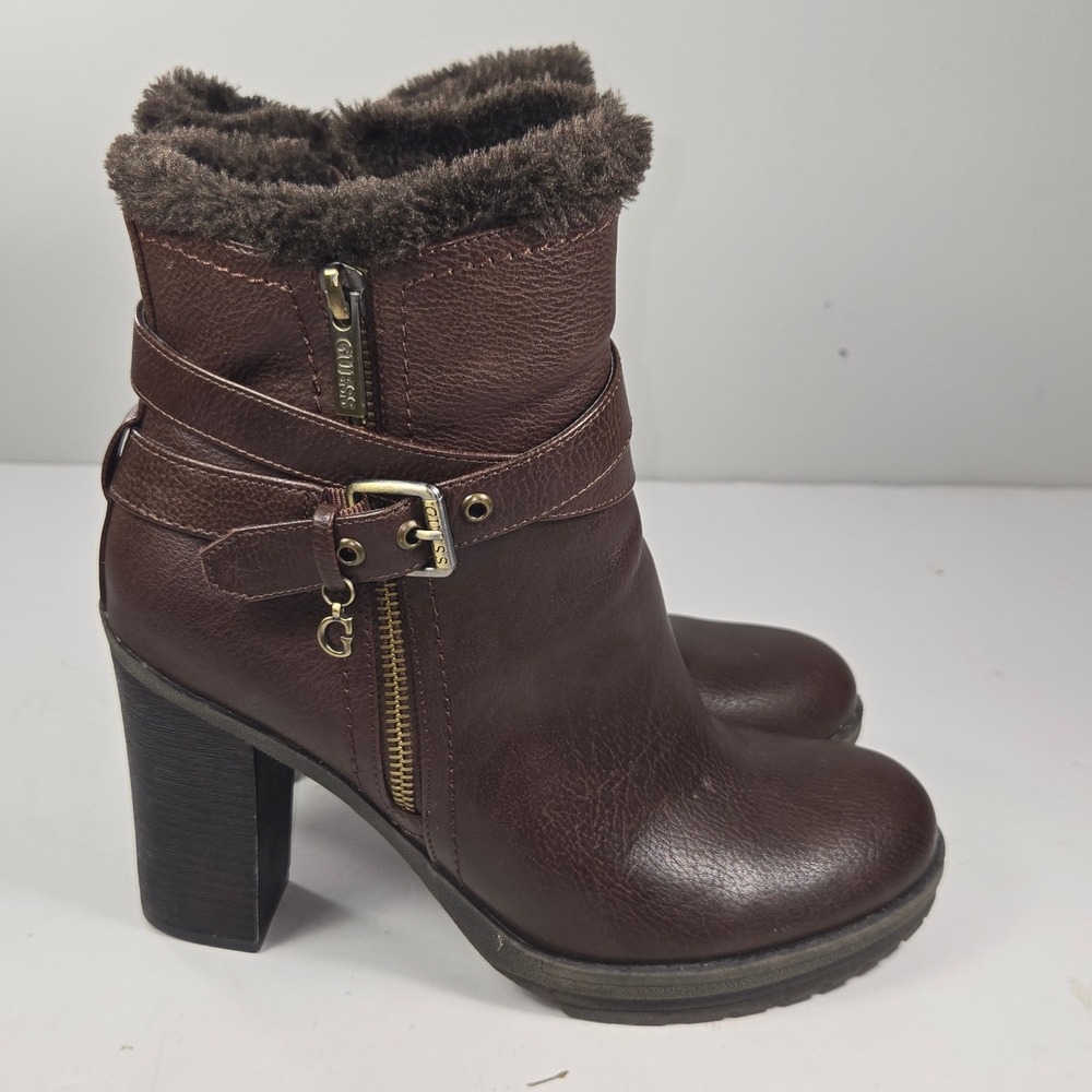 Guess Brown Faux Leather Fur Trim Buckle Strap Block Heel Ankle Boots 8.5M